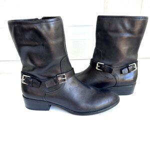 Lauren Ralph Lauren Moto Boots Women's 8.5B Mesi Black Leather Buckle Zip
